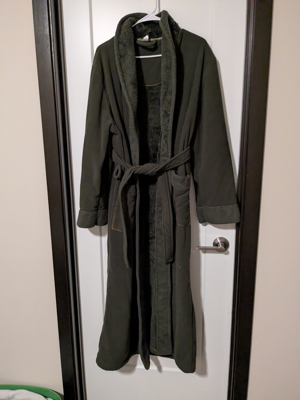 Unisex Olive Green Long Robe Coat with Faux-Shearling Trim